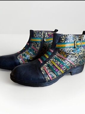 Socofy Women Artsy Leather Ankle Boots Multicolor Boho Chic Hippie Booties US 11